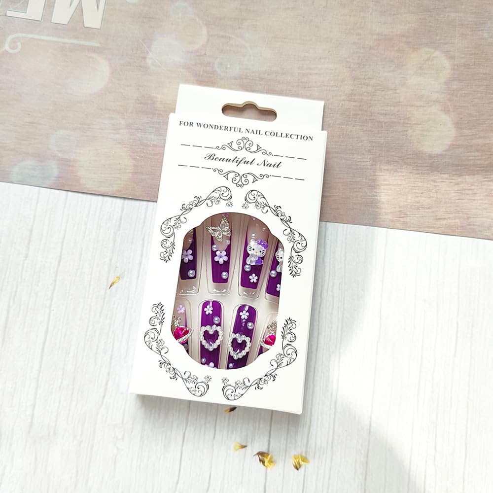 24Pcs Purple Coffin Nails Press on Nails 3D Flowers Pearl Butterfly Nail Charms Design Fake Nails with Glue 3D Flowers Full Cover Purple Acrylic Nails for Women