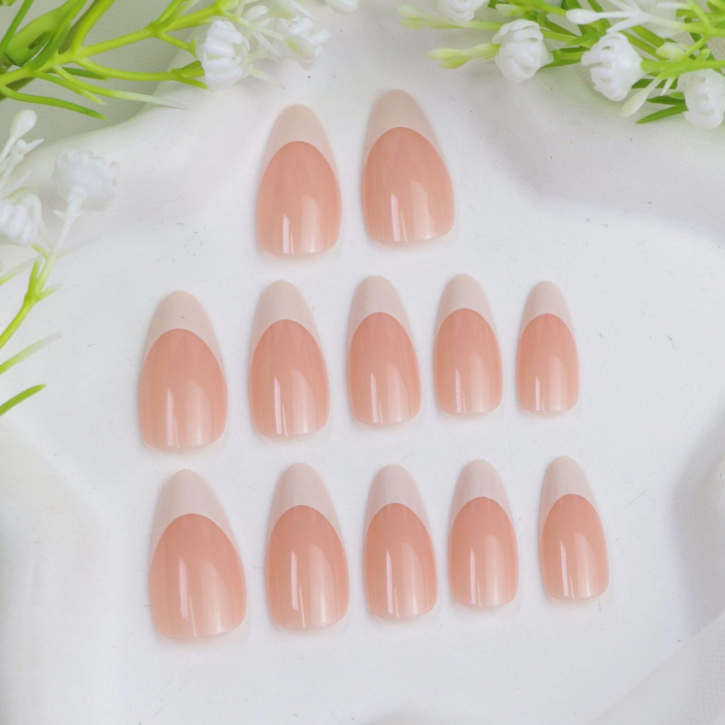 24Pcs White French Tip Press on Nails Almond Medium Fake Nails Glossy Glue on Nails Press ons Daily Wear Simple Nude Stick on Nails for Women Girls