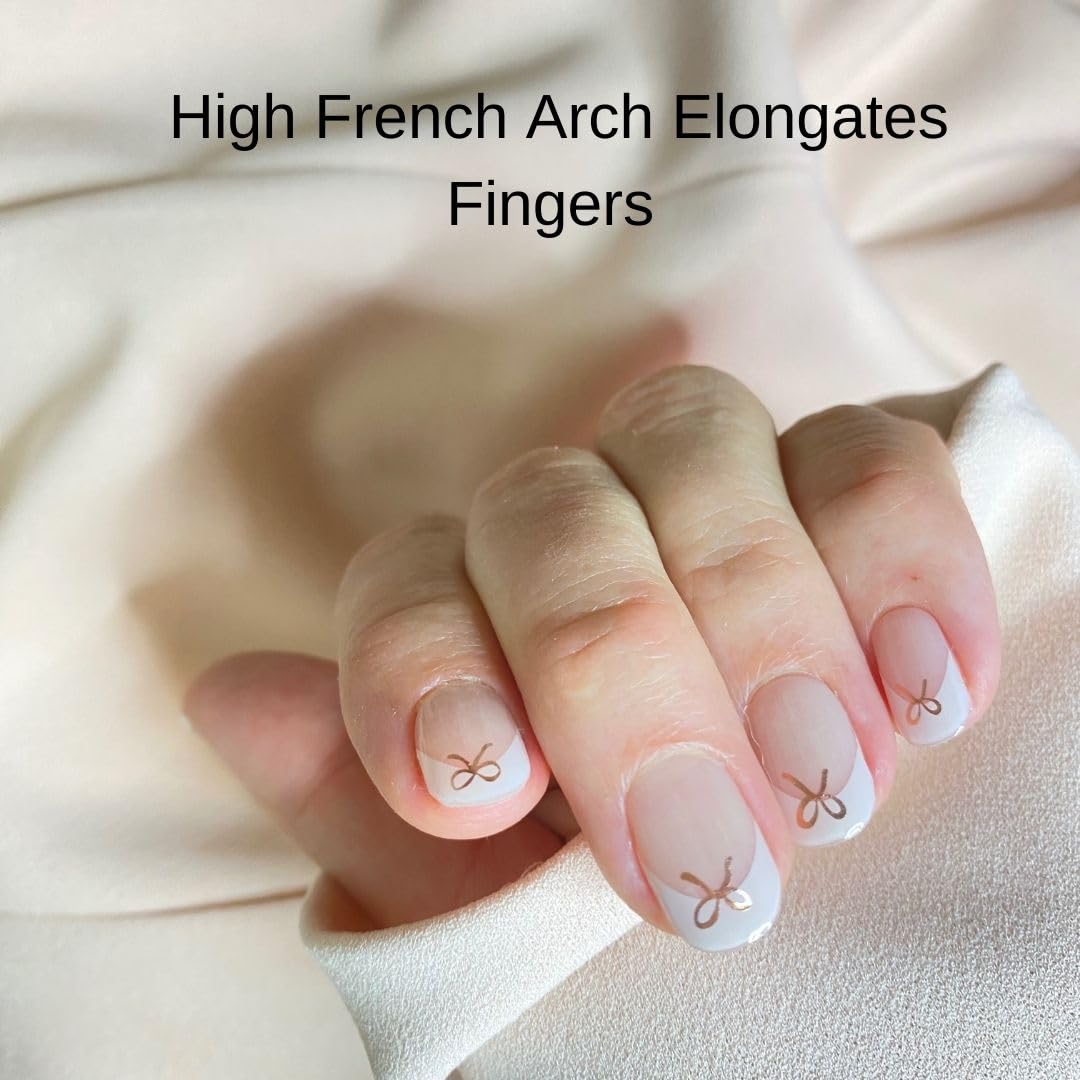 ALICE & BELLA Semi Cured Gel Nail Strips-20 PCS Light Pink French Tips with Rose Gold Bow Salon Quality Nail Gel Stickers, Use with UV Light Lamp, (French Rose Gold Bow)
