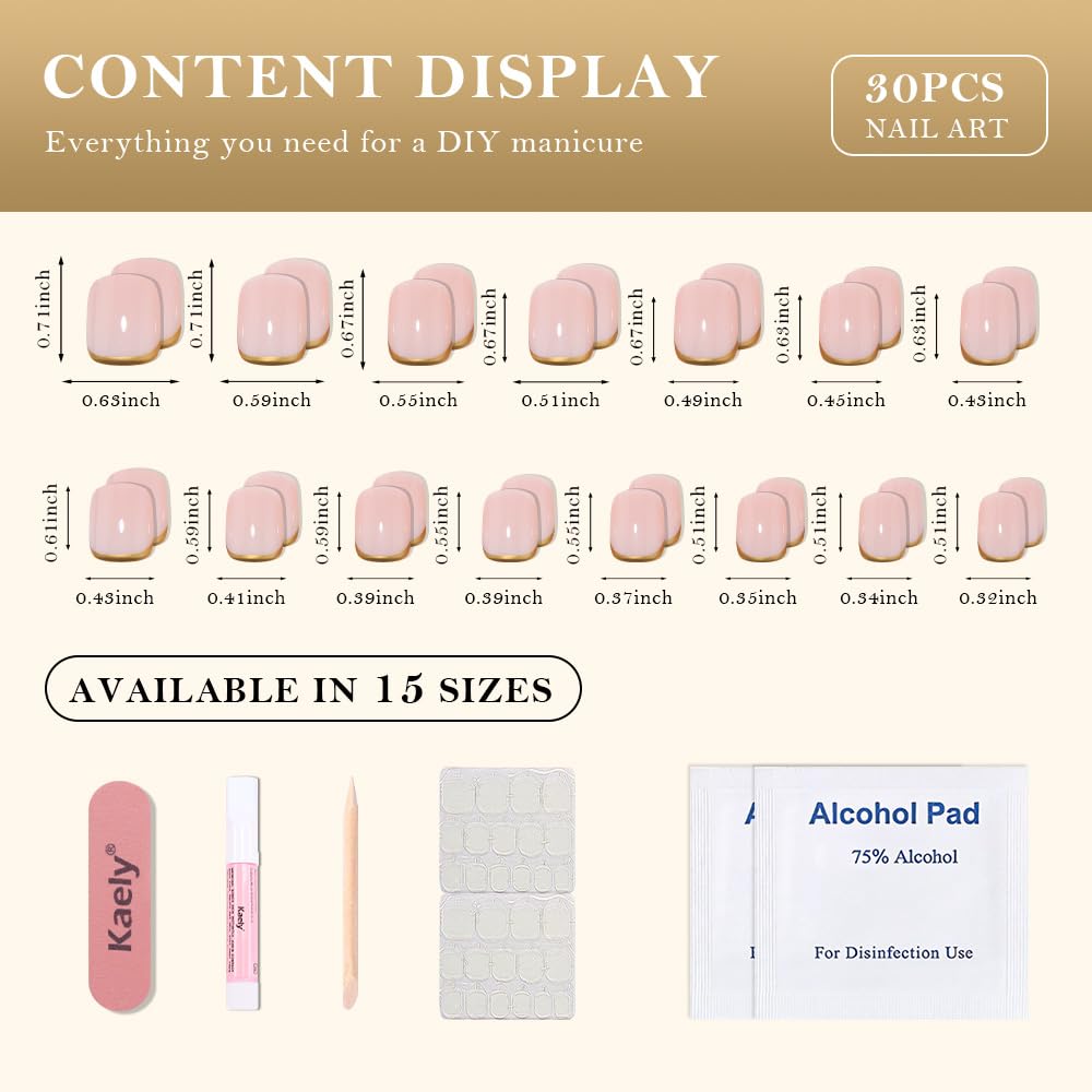 evpct Nude Glossy Press on Nails Short Square with 3D Gold Line, Glossy Ndue Fake Nails Reusable Acrylic False Nail Stick on Press ons for Women Gifts, Perfectly Fit False Nail Kit Gel 30Pcs