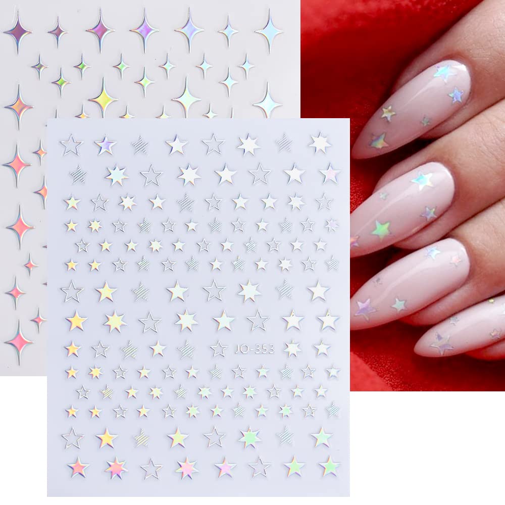 Dornail 6 Sheets Aurora Silver Star Moon Planet Nail Stickers 3D Holographic Laser Stars Nail Decals Self Adhesive Nail Art Stickers DIY Nail Design Nail Art Decoration