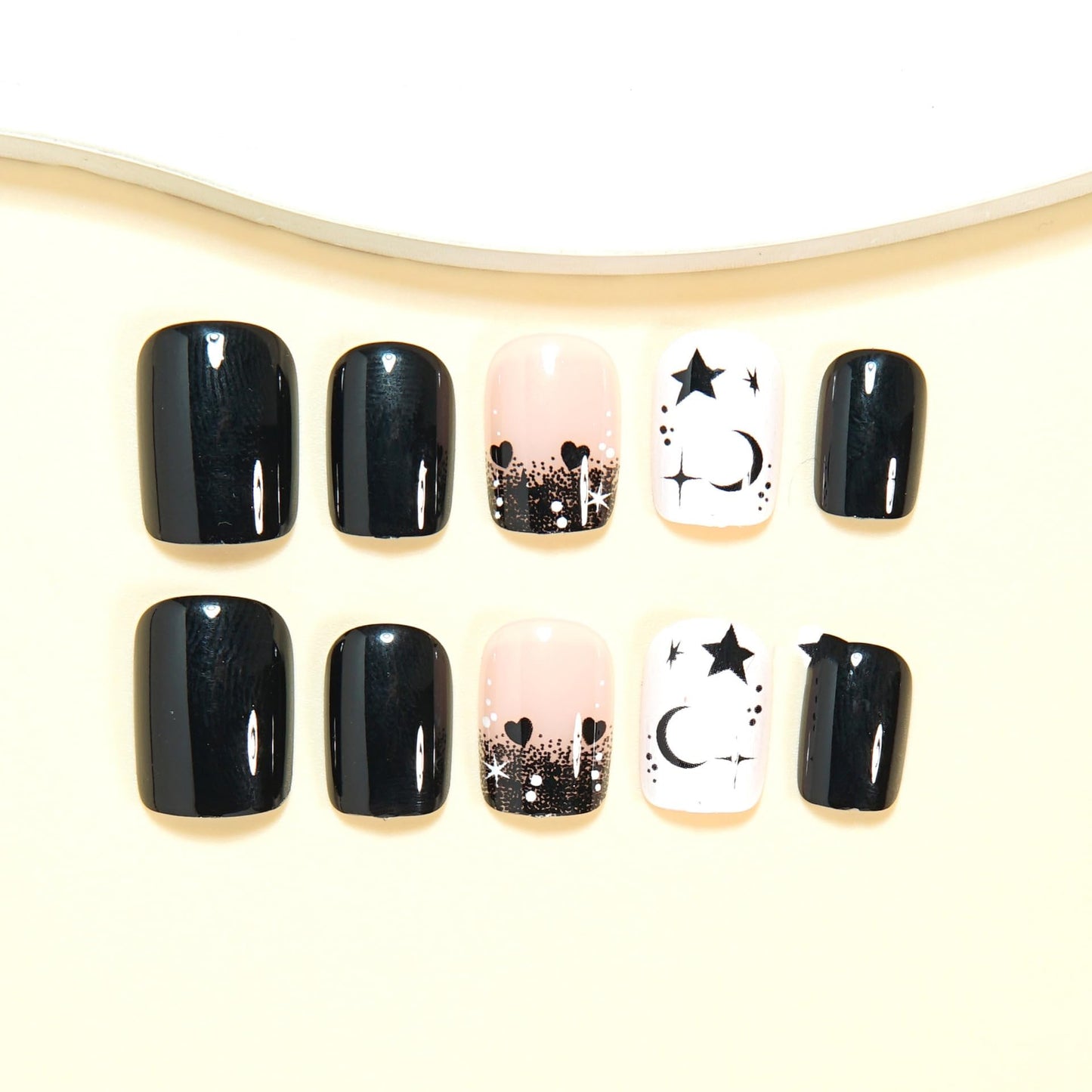 CTTHNBD Black Press on Nails Short - Square Fake Nails with Moon Star Design - Glossy Full Cover Stick on False Nails - for Women 24 Pcs