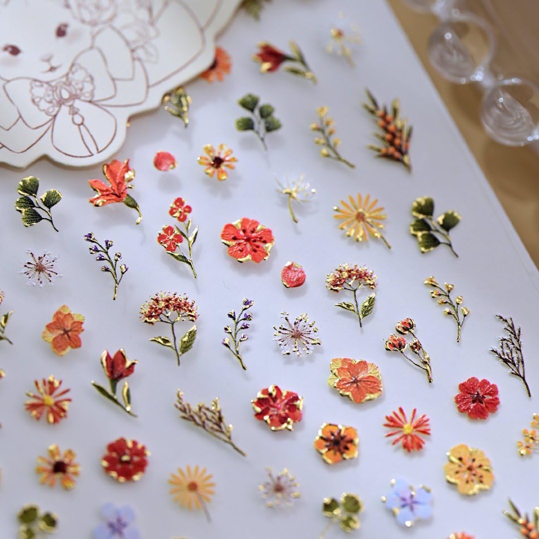 5D Embossed Flower Nail Art Stickers Decals Fall Nail Decals Self-Adhesive Autumn Floral Nail Supplies Nail Art Design for Women Girls Nail Decoration Accessories