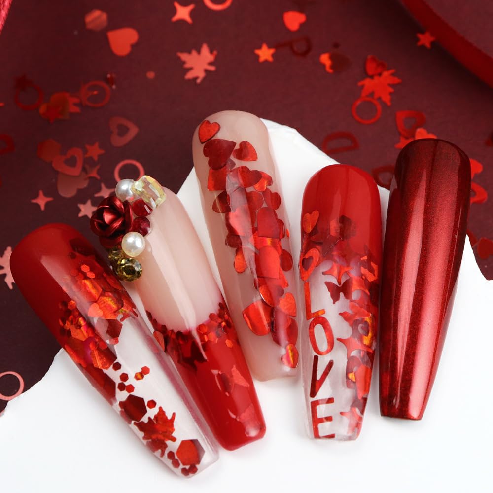 AWDSLUY 12 Grids Valentine's Nail Art Glitter Sequins 3D Sparkly Love Heart Shape Nail Art Sequins 3D Holographic Laser Letter Butterfly Star Maple Leaves Nail Glitter Flakes for Women Manicure Charm