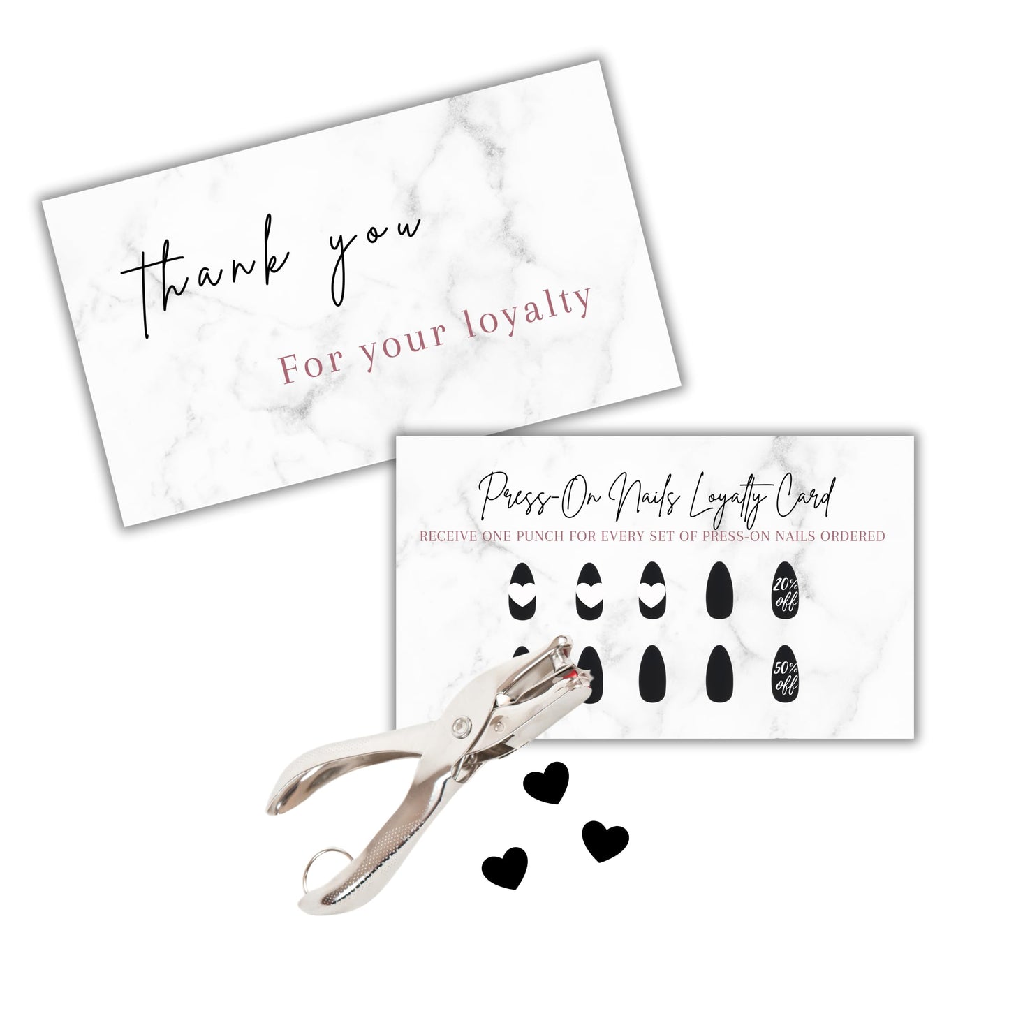 Boutique Marketing LLC Press-On Nail Loyalty Discount Cards | 50 Pack | 2x3.5 Inch inch Business Card Size | DIY Press-On Nail Kit | Marble Look with Black Nail Design,marble,black,white
