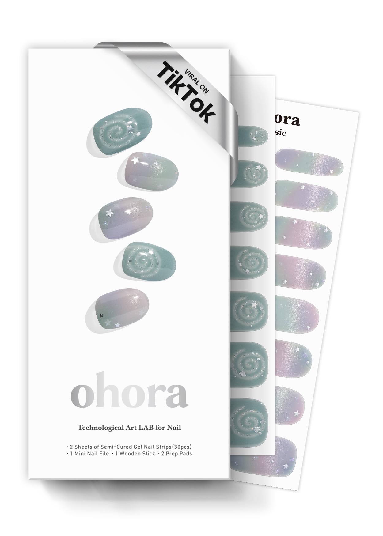ohora Semi Cured Gel Nail Strips (N Milky Swirl) - Works with Any Lamps, Salon-Quality, Long Lasting, Easy to Apply & Remove - Includes 2 Prep Pads, Nail File & Wooden Stick