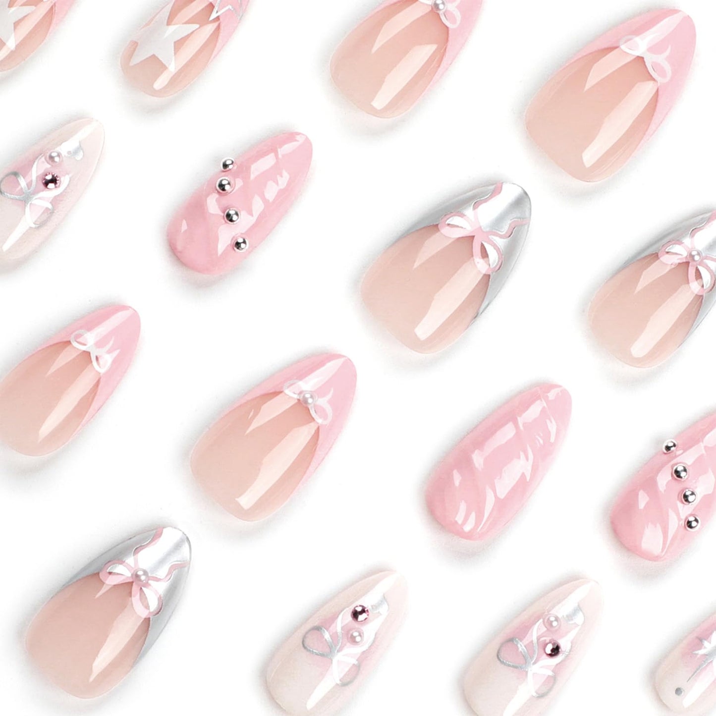 SINHOT Y2K Press on Nails Medium Almond Fake Nails with Glue Pink False Nails Stiletto 3D Design Bowknot Ballerina Acrylic Nail 24pcs