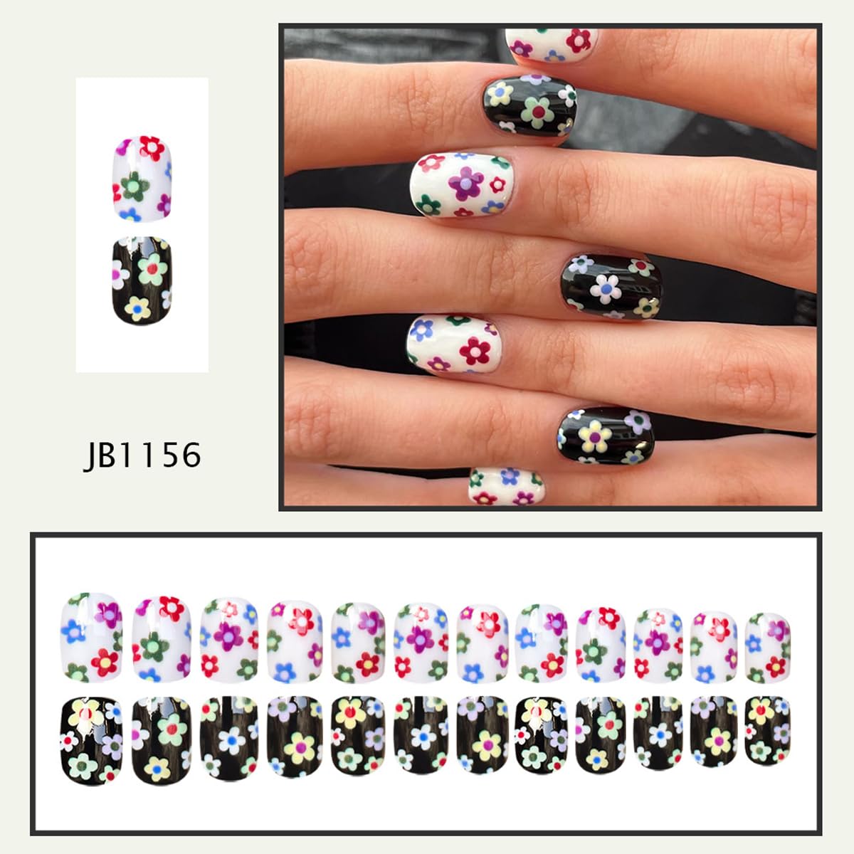 Flower Press on Nails Short Square Fake Nails Black White Nails Press ons with Colorful Floral Design,Spring Summer Reusable Artificial Nails,24Pcs Nail Kit for Women Manicure