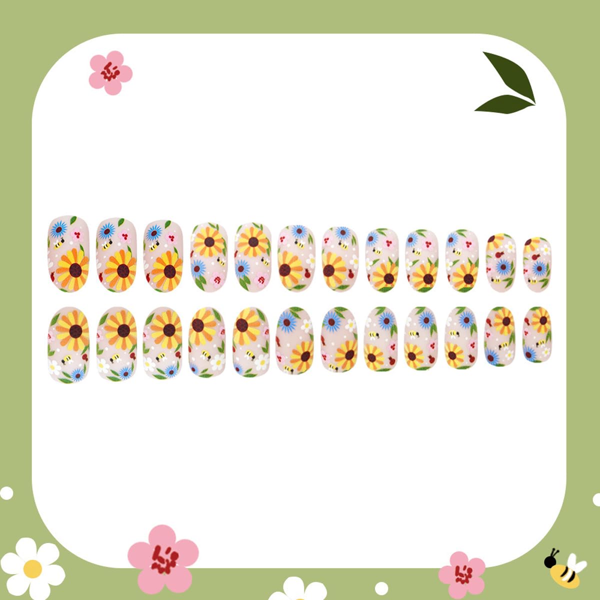 Flowers Press on Nails Spring Fake Nails Medium Oval False Nails with Floral,Bee Designs Glue on Nails Press ons Stick on Nail Full Cover Artificial Nail for Women Manicure 24Pcs