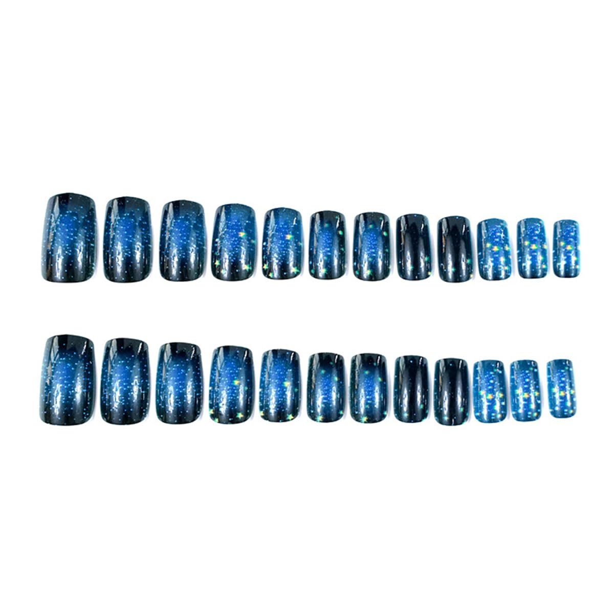 24Pcs Dark Blue Starry Sky Fake Nails Short Square Press on Nails with Stars Designs Blue Black Ombre Nail Press ons Glossy Full Cover Glue on Nails Reusable Stick on Nail for Women Manicure