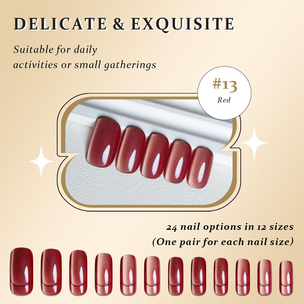 XZMeiLun Cat Eye Press On Nails - Glitter Rose Red Medium Square Magnetic Acrylic Fake Nails, Stylish Design, Salon-Quality Shiny Finish, Reusable Stick On Nails Kit for Women (No Glue Included)