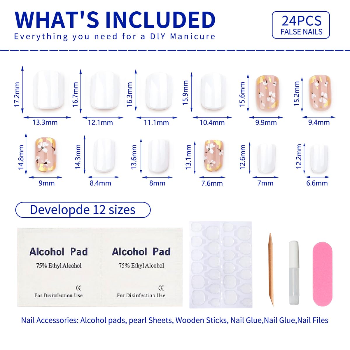 Mivota Fall Short Press on Nails Square, White and gold Fake Nails, Delicate Gold Foil Flower Designs, with a Few Nude Nails Featuring, Glossy Finish Acrylic Nails, Reusable Glue on Nails Kit