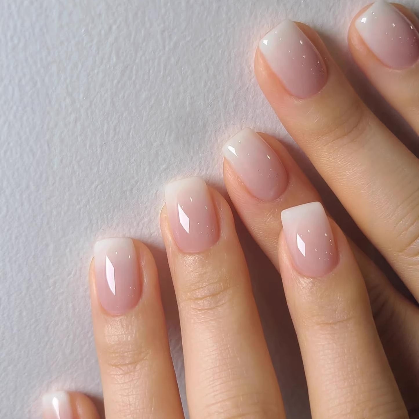 Ombre Pink Press On Nails Short Square,KXAMELIE Gel Nails Press ons with UV Coating,Short Coffin Solid Color Fake Nails,Natural Fit Petite Glue on Nails for Women Girls Daily Wear