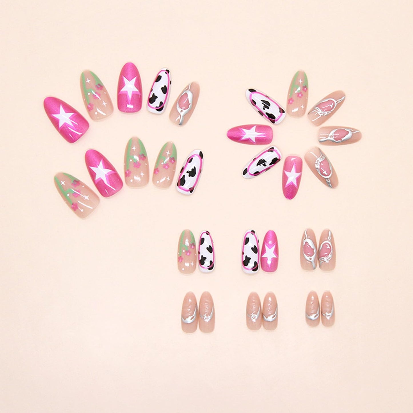30Pcs 3D Chrome Silver Press on Nails Medium Almond Fake Nails Pink Magnetic Shimmer Designs False Nails Cow Print Artificial Nails Nude Glossy Full Cover Star Flower Acrylic Stick on Nail for Women