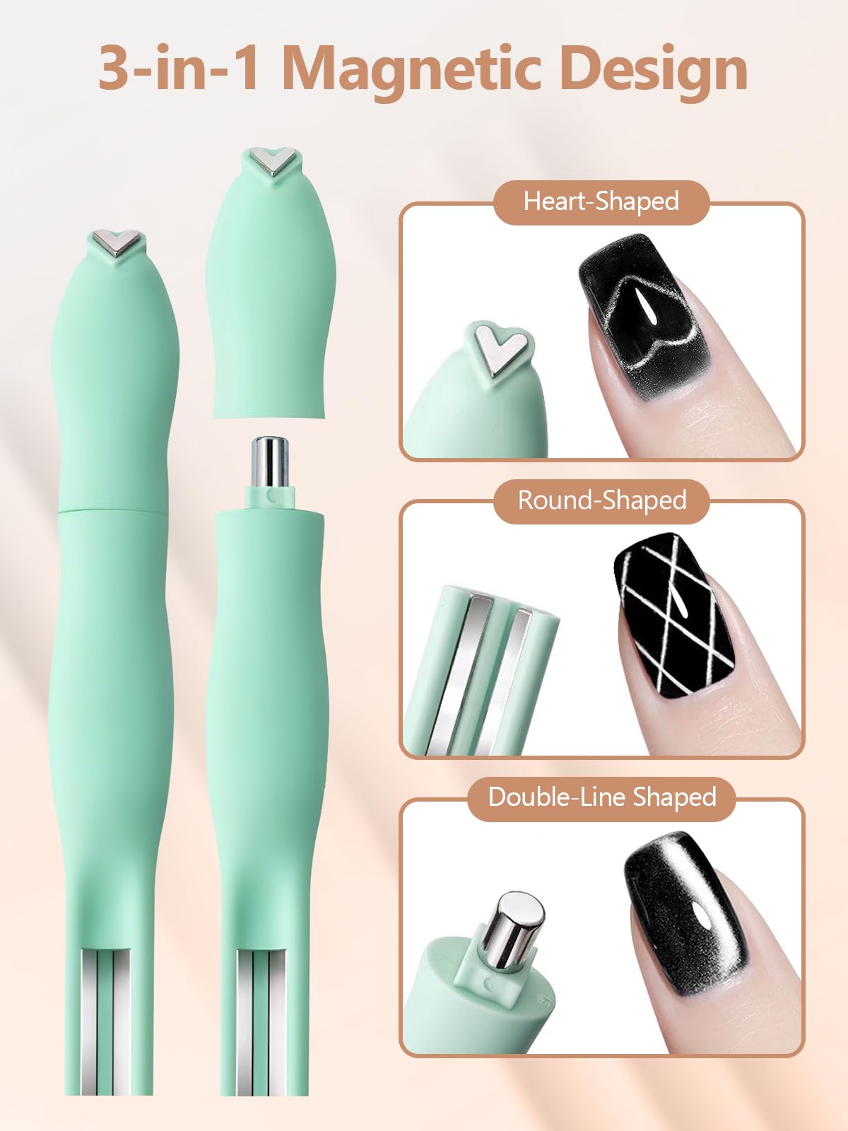 TOROKOM Cat Eye Magnet for Nails, 3 in 1 Heart Nail Magnet for Cat Eye Gel Nail Polish, Multi-Functional Nail Magnet Wand Flower Magnet Stick Magnetic Beads for Cat Eye Gel Nail Polish