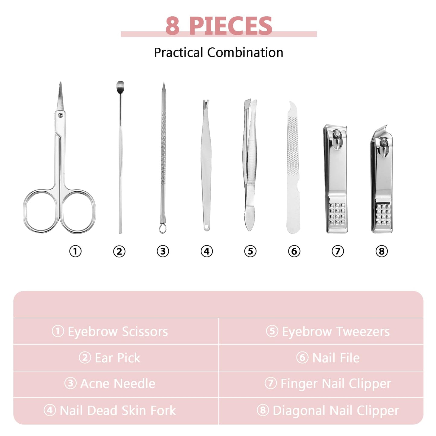 Geosar 12 Sets Manicure Set Nail Clippers Pedicure Kit 8 in 1 Grooming Stainless Steel Kits Nail Care Tools with Travel Case for Employee Coworker Teachers Nurse Gifts(Glitter Pink)