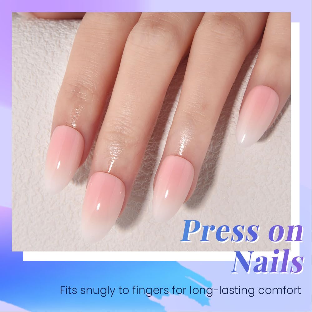 evpct Ombre Pink to Nude Press on Nails Short Almond, Short Almond Glossy Stick on Nails for Women Gift with Manicure Kit, Reusable Soft Gel Stick on Fake Nail with Ombre Designs Perfectly Fit