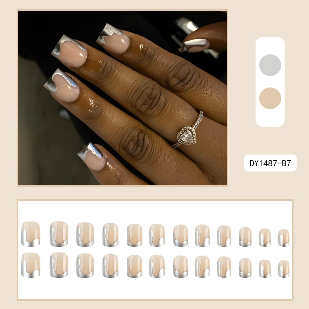 Square Press on Nails Short - Silver French Tip Fake Nails - Glue on Full Cover Stick on Glossy Acrylic Artificial Nails for Women Manicure - 24Pcs