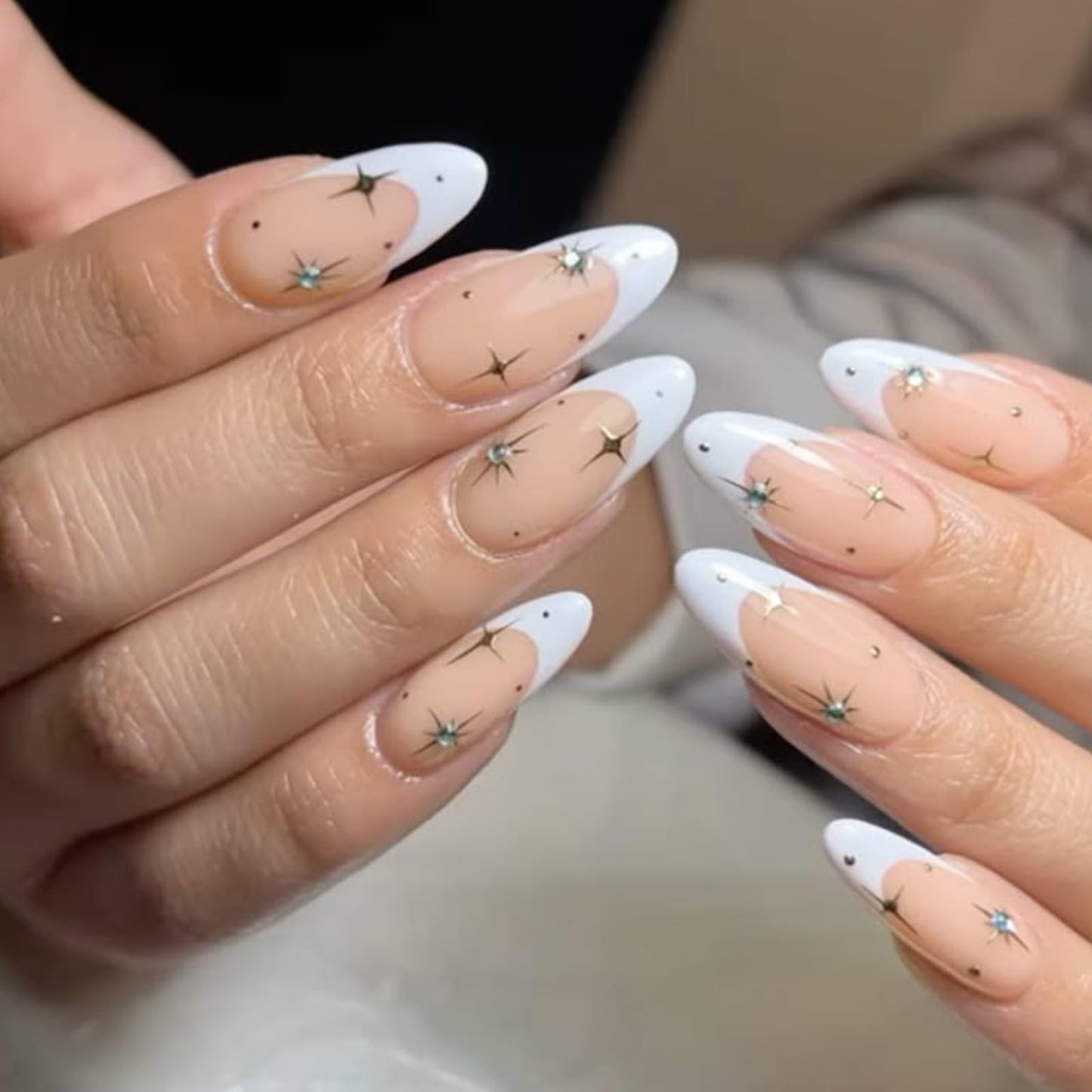 VOTACOS White French Tip Press on Nails Almond Medium Nude Acrylic Fake Nails Press Ons with Designs Golden Star Pot Rhinestone Glue on Nail for Women 24PCS Reusable Artificial Stick on False Nail