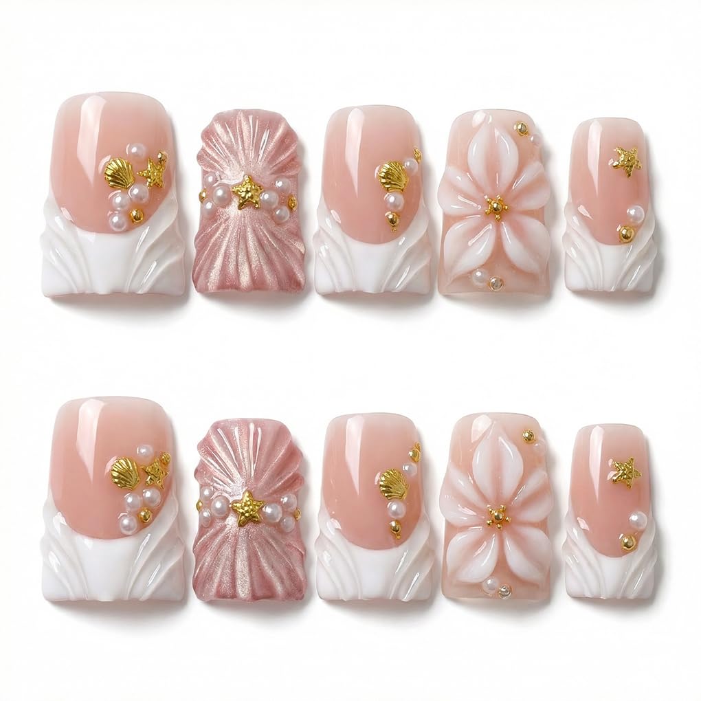 Medium Duckbill Press on Nails Luxury Handmade French Tips False Nails Summer with 3D Flower Full Cover Acrylic Nails for Women 10Pcs