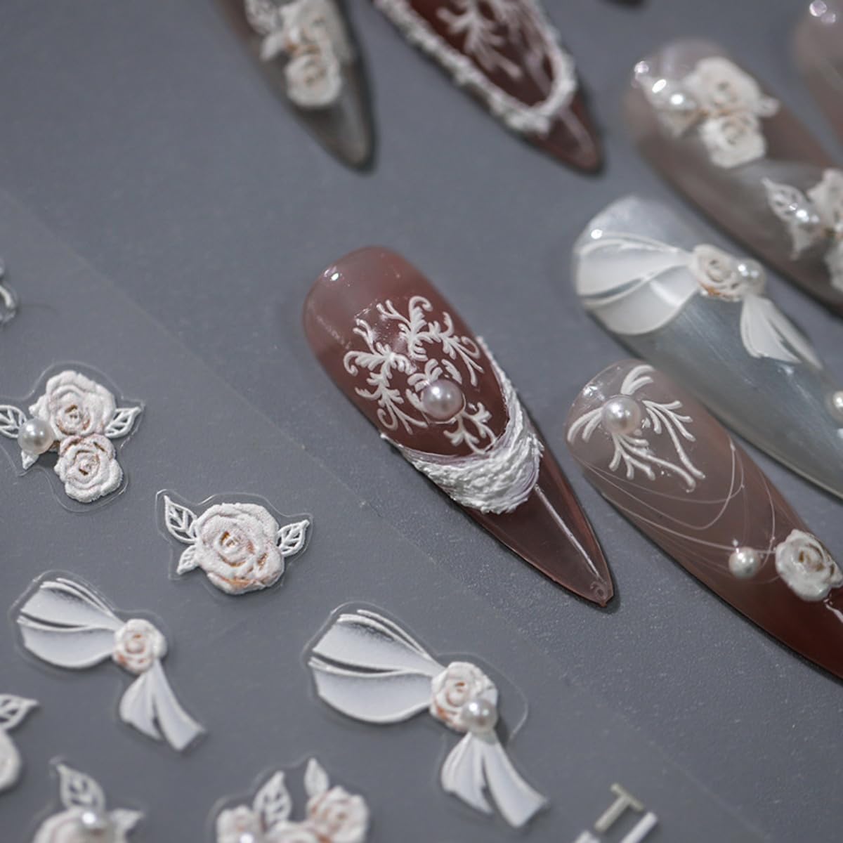 White Flower Nail Sticker 5D Embossed Pearl Flower Nail Art Sticker Self Adhesive Nail Decals Self Adhesive Summer Floral Nail Art for Women Manicure Supplies Nails Art Decorations