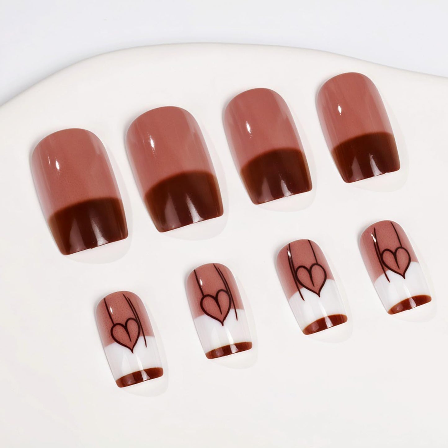 Valentines Press on Nails Medium Square French Tip Fake Nails Translucent Love Design Artificial Acrylic Full Cover Glossy Heart Stick on Nail Artificial Fingernails for Women Festival Manicure 24Pcs