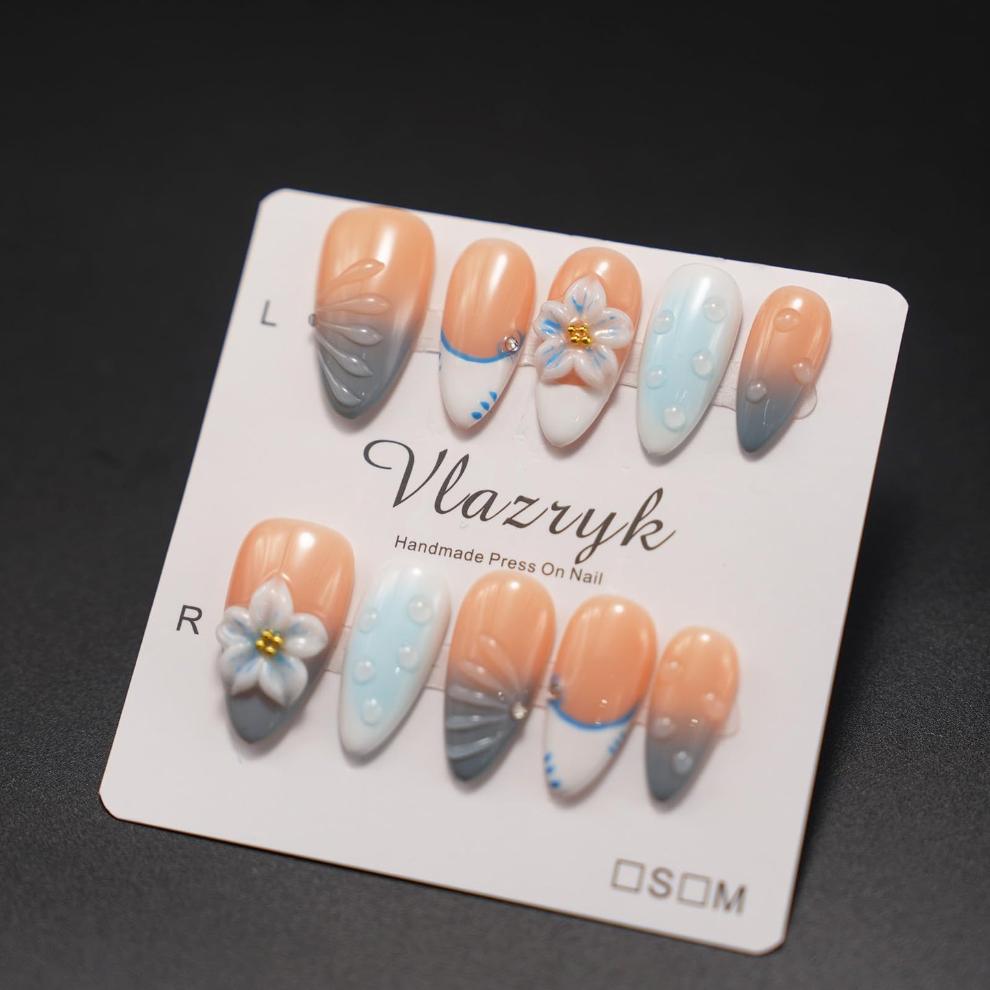 Handmade Press-On Nails for Women - Medium Almond Fake Nails | Luxury Gradient Blue 3D Floral Design | Reusable Salon-Quality Glossy Acrylic False Nails.（S Size)