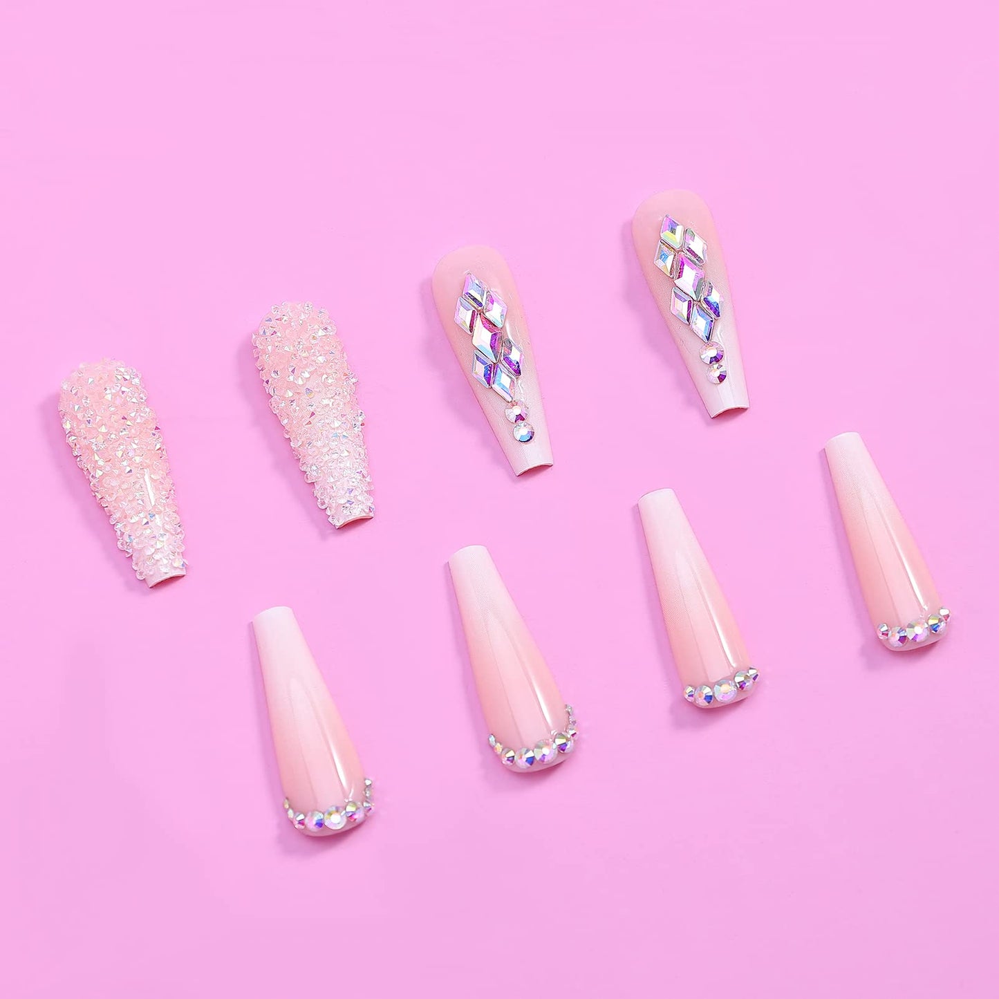 Artquee 2 Sets of Z04 Z19 48pcs French Tip Press on Nails Long Glossy Coffin Fake Nails Nude White Ombre Art with Rhinestones Luxury design False nails Acrylic Stick on False Nails Tips for Women