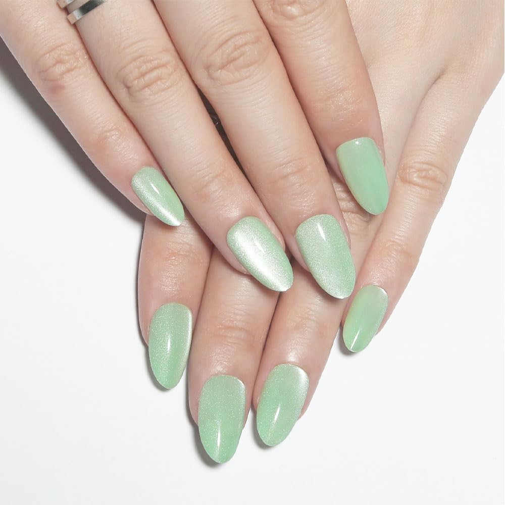 evpct Light Green Cat Eye Press on Nails Short Almond, Petite Short Almond Stick on Nails for Women Gift, Light Green Holographic Glossy Fake Nail Reusable, Soft Press on Acrylic Nail with Designs