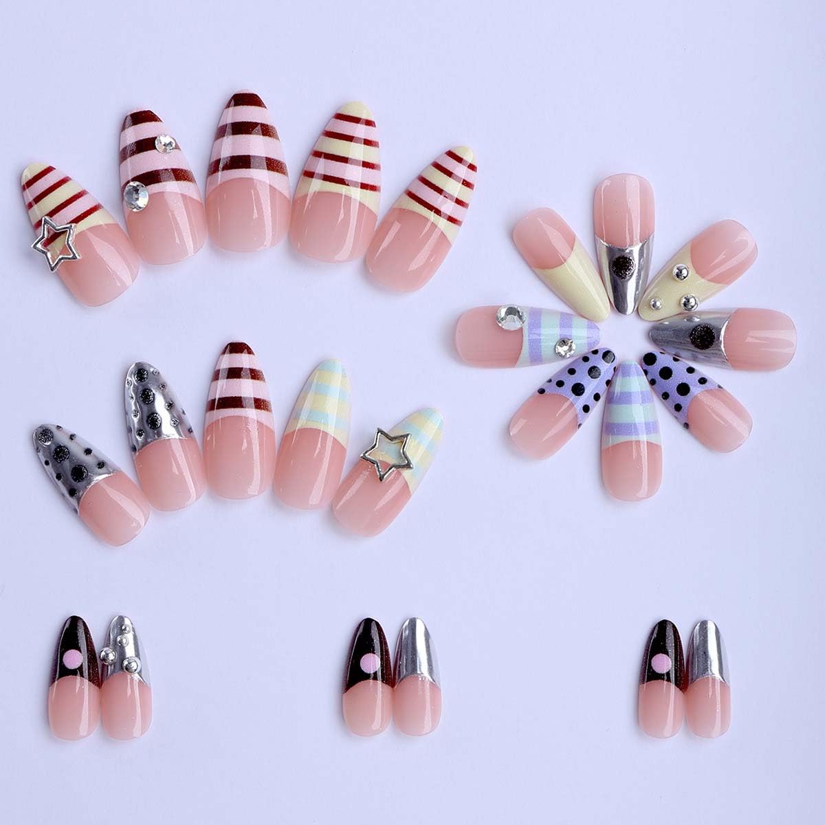 LINMEIZAI 24 Pcs French Tip Press on Nails Short Almond Y2K Fake Nails Press ons Nail Tips Glue on Nails Acrylic Nail Kit with Rhinestones Styles Design False Nails Stickers Nail Art for Women