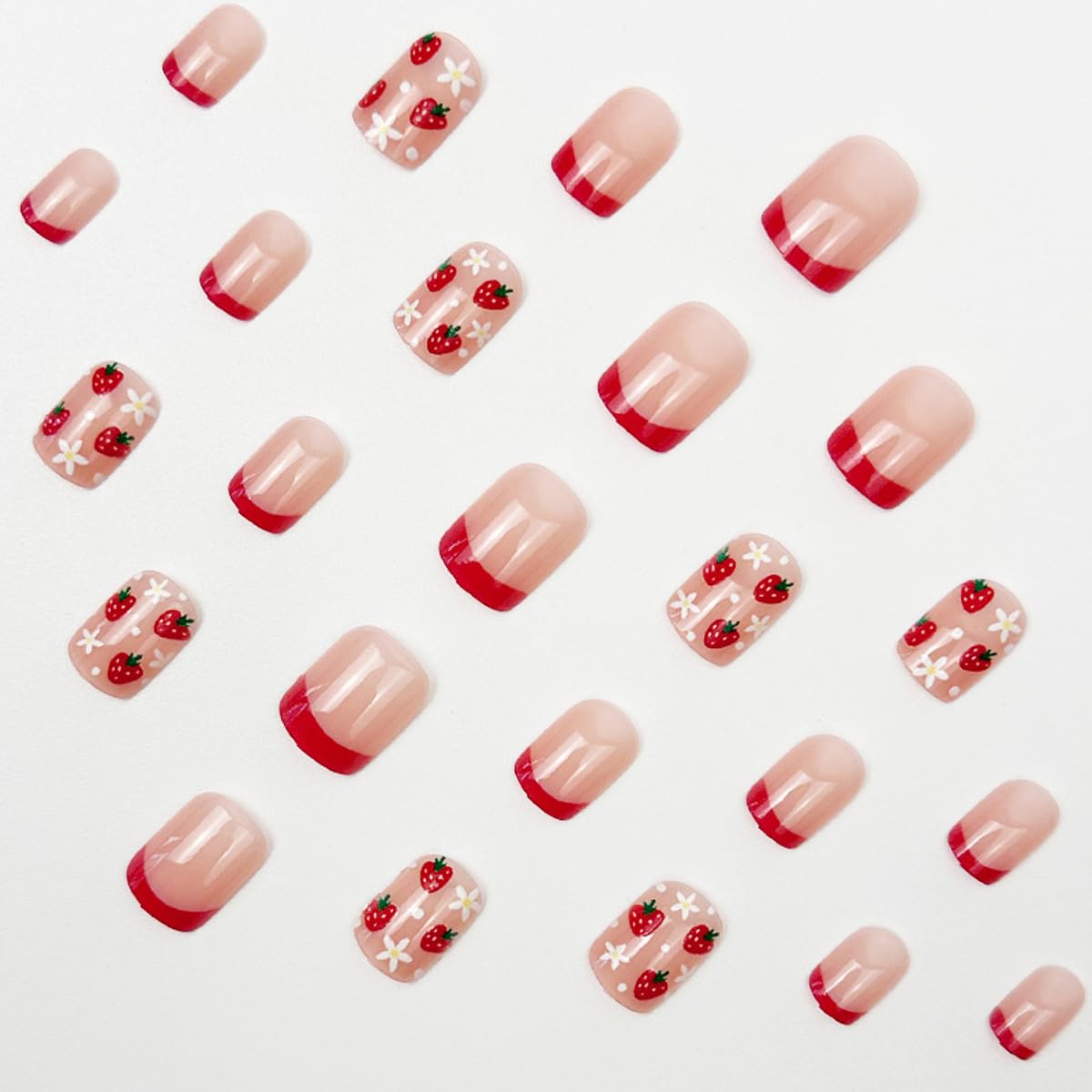 Short Square Press on Nails Red French Tip Fake Nails with Strawberry & Floral Design Nude Pink Glossy False Nails Reusable Full Cover Glue on Nails for Women Manicure Kit 24Pcs