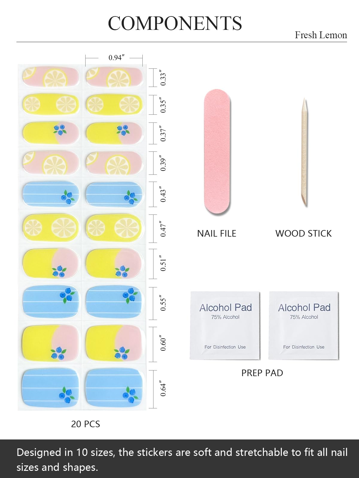 AutyaMee Semi Cured Gel Nail Strips (Fresh Lemon), 20 Pcs Gel Nail Wraps, Stickers, Salon Quality, Blueberry, Summer, Works with Any UV Lamps