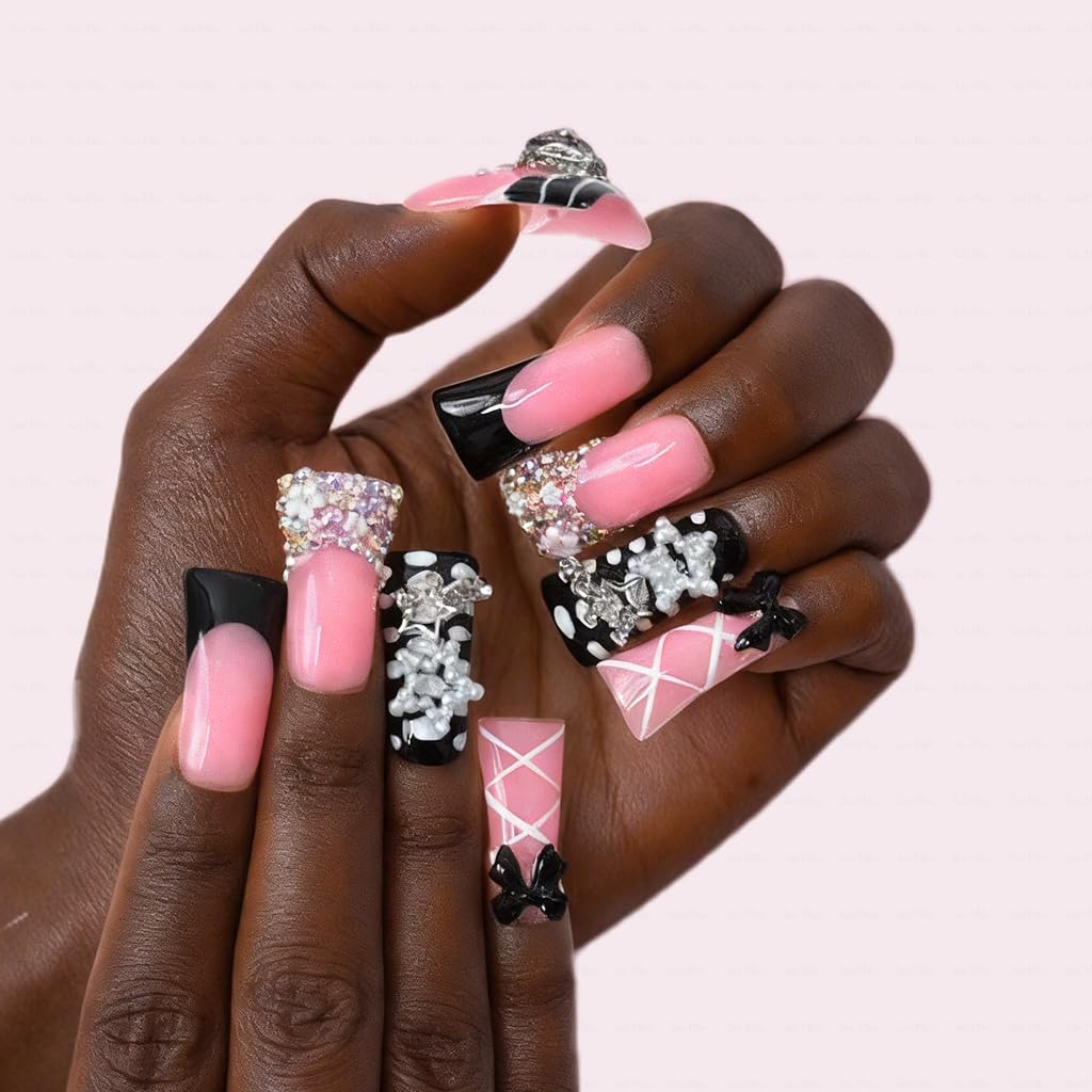 IntoVibes 10 Pieces Luxury Acrylic Press On Nails Long Handmade Duck Nails, Black Thickened False French Nails, With 3D Bowknot And Stars, Reusable Fake Nails, Acrylic Nails (S)