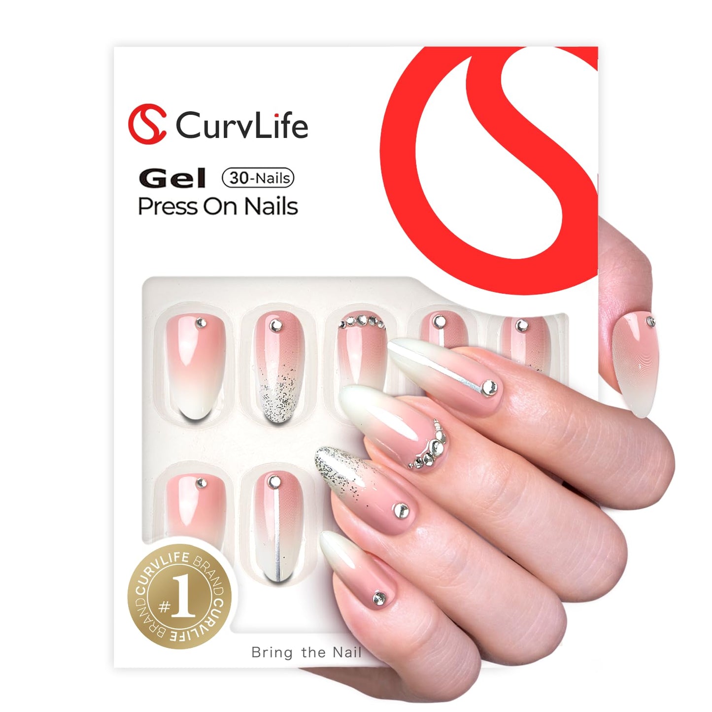 CurvLife Press On Nails Long Almond Pink Ombre French Tip, Soft Gel Glossy Fake Nails, Reusable Durable Salon Look Manicure for Women Teens Beginners, 30pcs, Daily Wear for Work Party