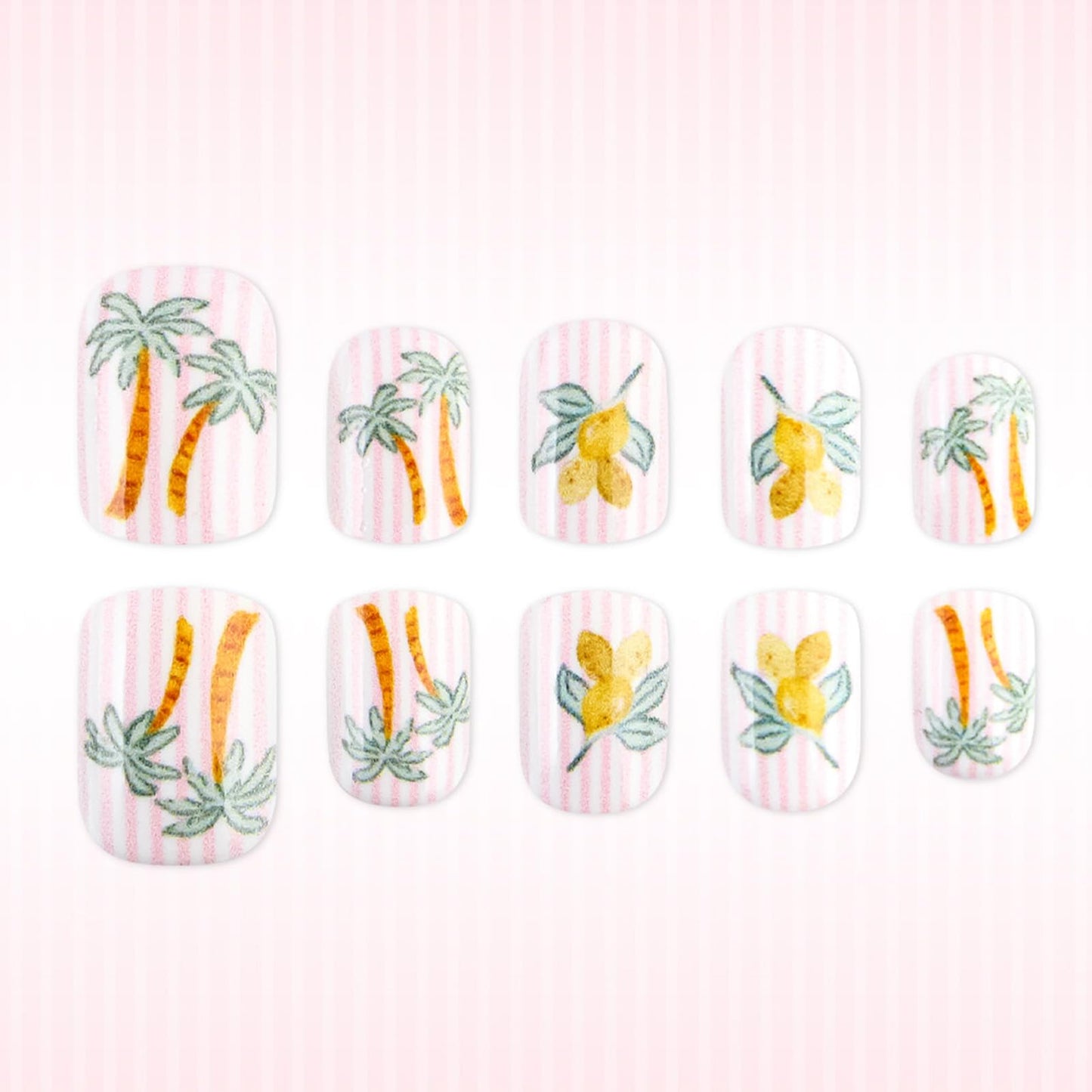 Palm Tree Short Square Press on Nails with Tropical Design Glossy Pink Strip Fake Nail Fruit False Nails Summer Glue on Artificial Fingernails Lemon Full Cover Stick on Nail for Women Daily Wear