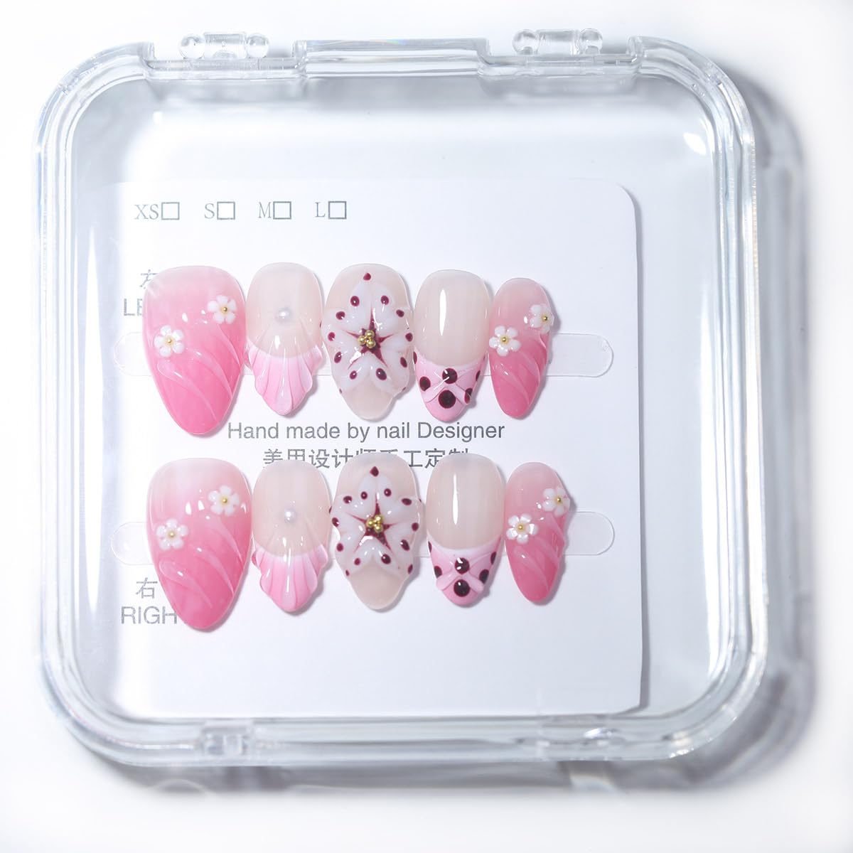 10Pcs Short Almond Handmade Press On Nails | Pink Ombre with Seashell, 3D Floral & Pearl Decor | Reusable Salon-Quality Fake Nails for Women and Girls (PZ01, S)