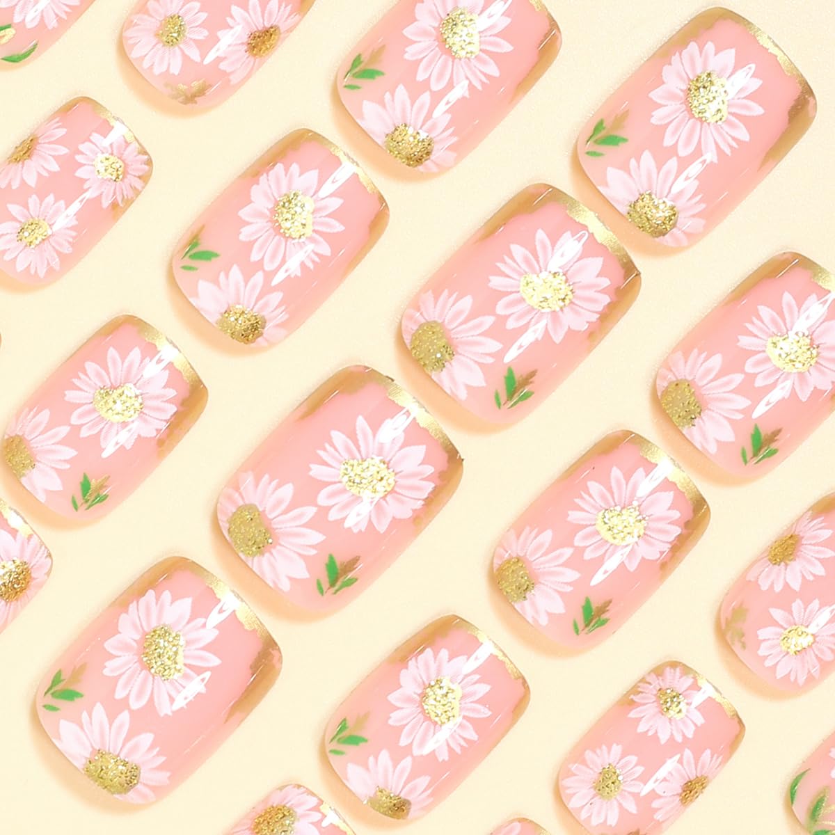 LINMEIZAI Press on Nails Short Square Spring Flower Glossy Acrylic Fake Nails Press ons Glue on False Nails for Women Reusable Cute Manicure Set Gilded Stick on Nails French Tip Kit 24Pcs