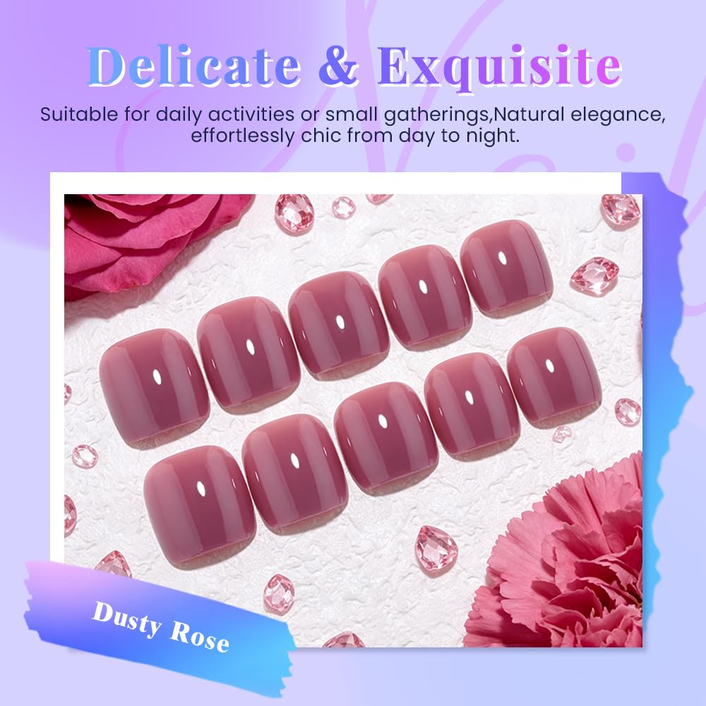 evpct Dusty Rose Press on Toenails Square for Women Gift, Pink Glossy Square Fake Stick Press on Toe Nails, Soft Stick on Toenail Set with Kit, Lightweight Perfectly Fit Full Cover Fake Toenails 32Pcs