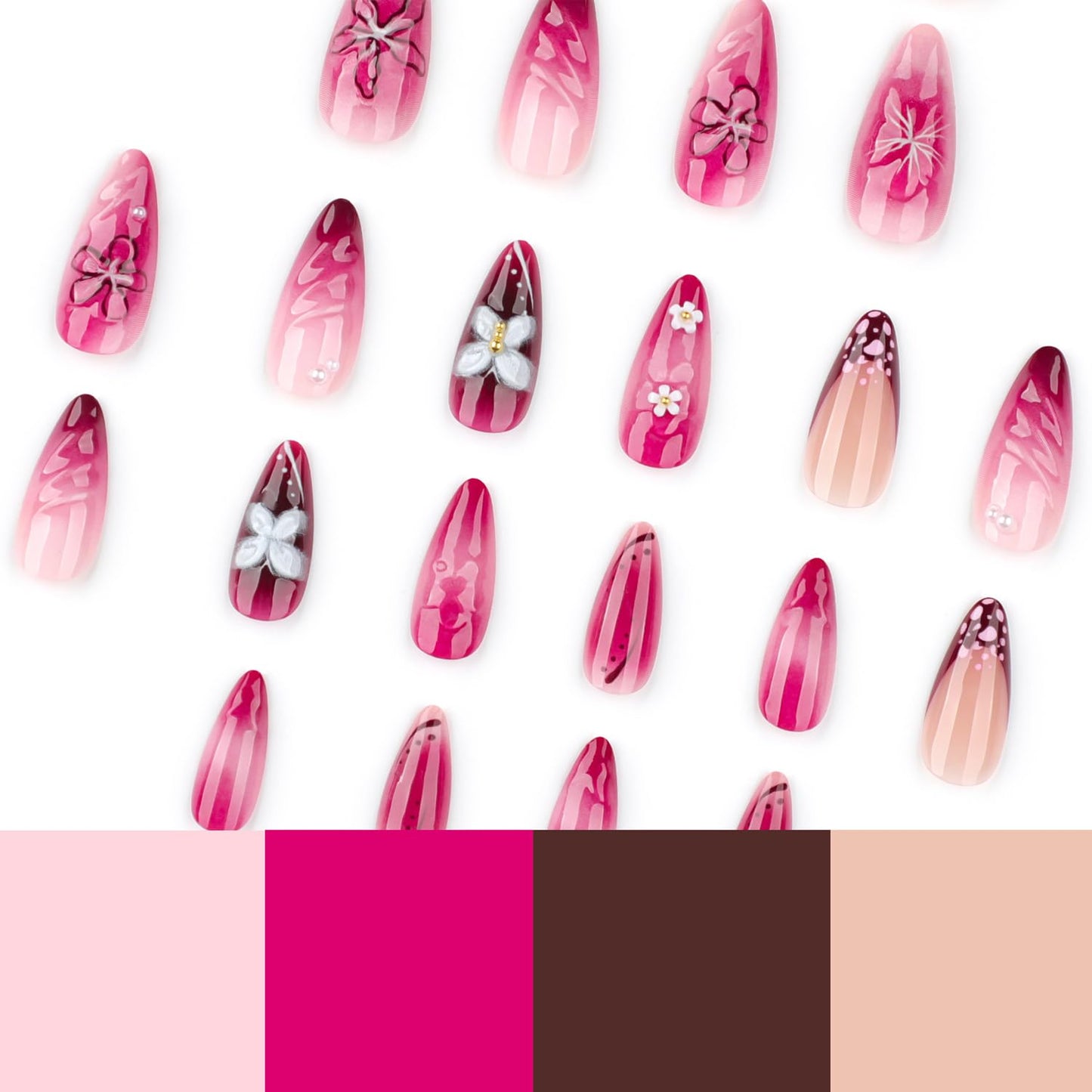 Cute Flowers Press on Nails Short Almond Press on French Tip Fake Nails White Butterfly False Nails with 3D Pearls Charms Designs Acrylic Nails Glossy Full Cover Glue on Nails for Women Manicure 24Pcs
