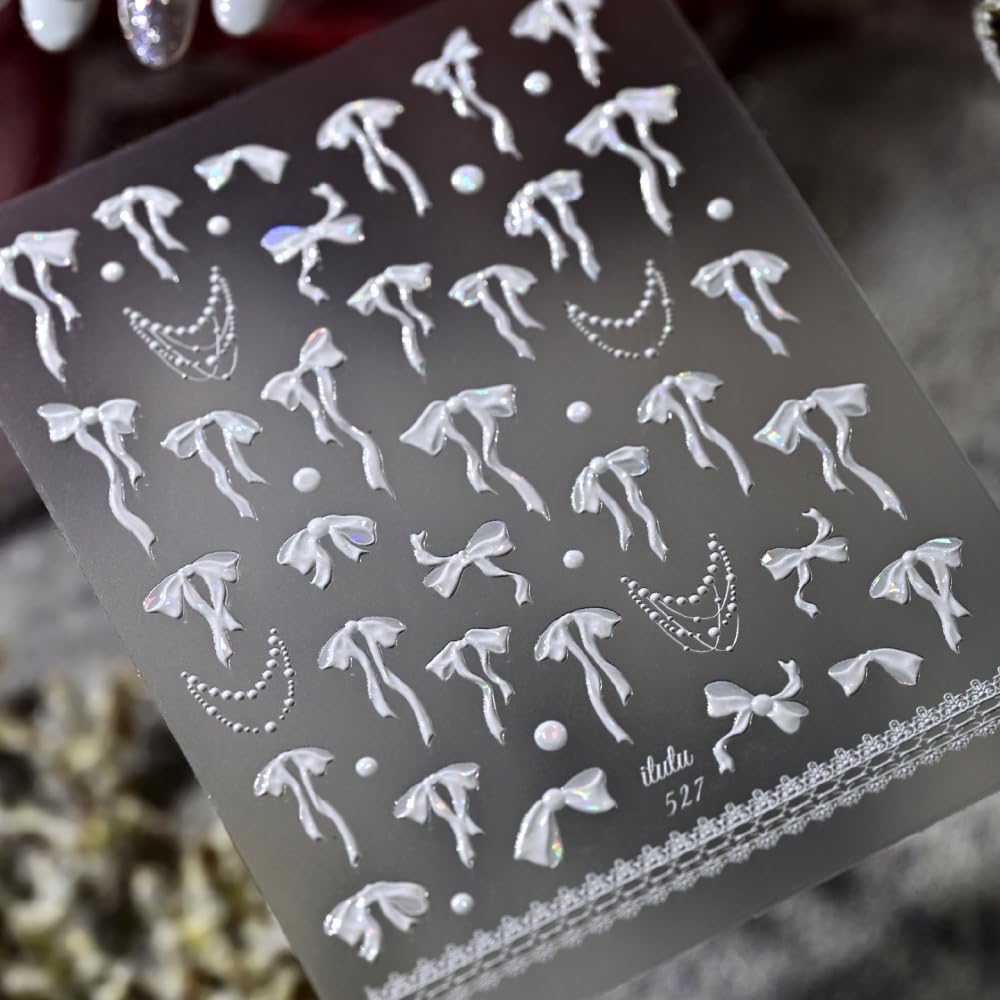 Bow Nail Stickers 5D Embossed White Bowknot Nail Art Stickers 3D Self-Adhesive Laser Ribbon Nails Supplies White Bead Necklace Nail Decals Stickers Cute Nail Designs for Women DIY Manicure 1 Sheet