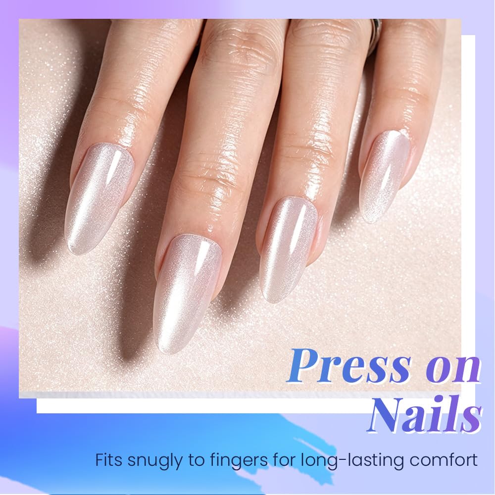 evpct Pearl Cat Eye Press on Nails Almond Medium for Women, Pearl White Medium Almond No Glue Stick on Nails with Cat Eye Design, Holographic Glossy Soft Nail, Reusable Press on Acrylic Fake Nail