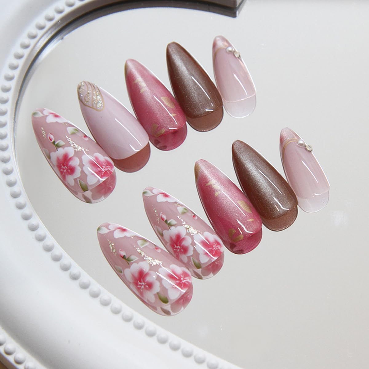 24Pcs Pink Peach Blossom Press on Nails Almond Medium Fake Nails with Flower Designs Glitter 3D Pearl Rhinestones Glue on Nails Pink Floral Acrylic Nails for Women Spring Summer Nail Art Decoration