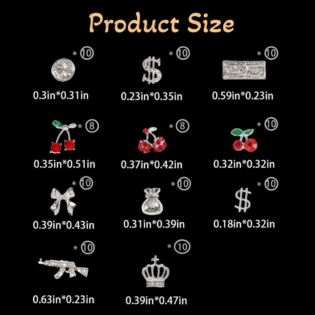 Pizadix 106Pcs Silver Red Nail Art Charms, 3D Cherry Money Bag Coin Gun Cross Jewelry, Y2K Retro Luxury Designer Nail Supplies