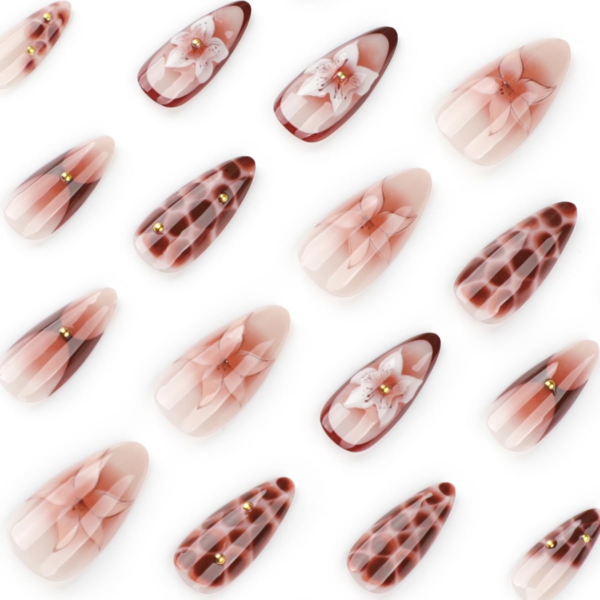 French Tip Press on Nails Medium Almond 3D Summer Flower Fake Nails with Glue Gold Beads Stick on Nails Full Cover Brown Glossy Acrylic False Nails for Women DIY Manicure Decoration 24PCS