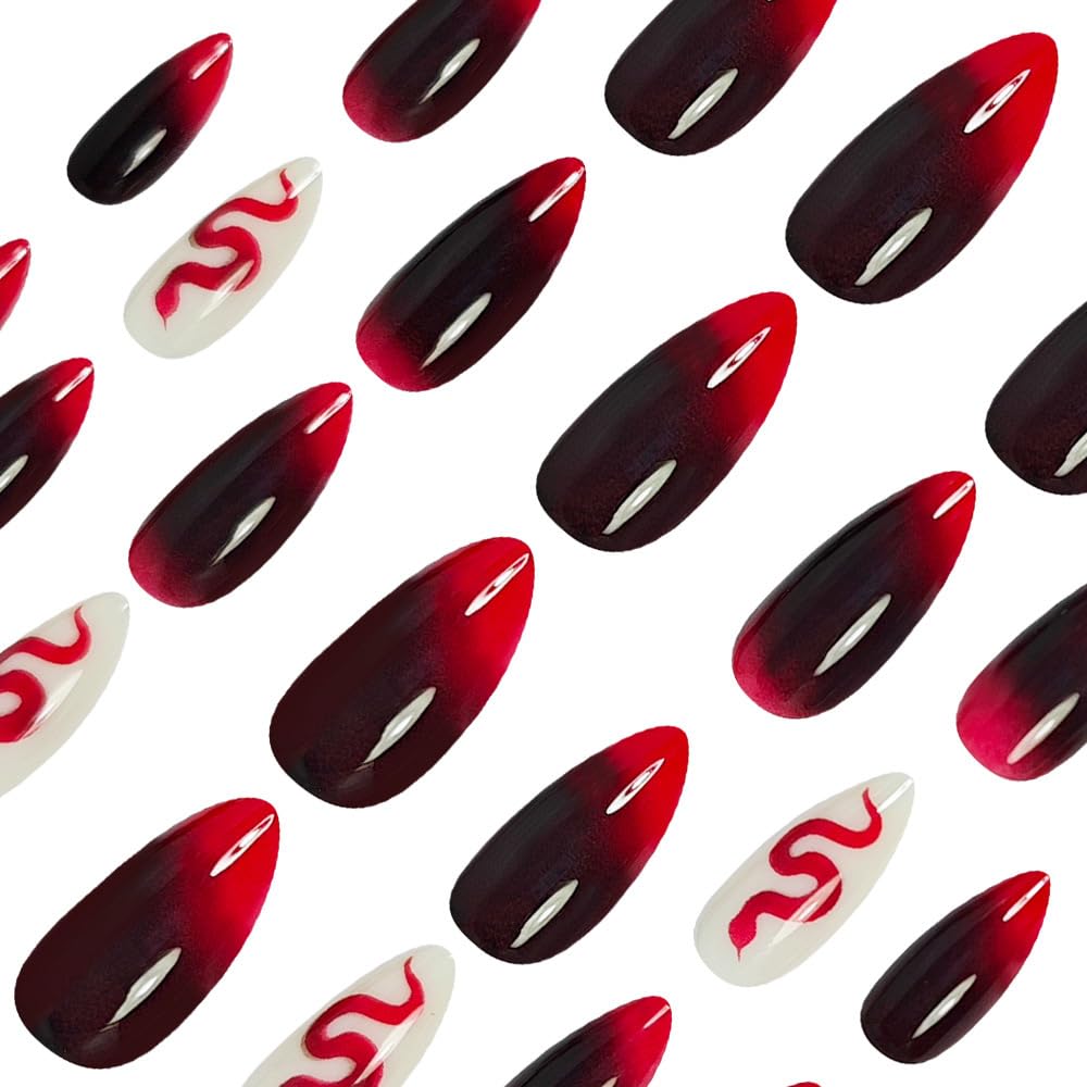 Press on Nails Medium Almond Fake Nails Ombre Red False Nails with Snake Glue on Nail Glossy Reusable Full Cover Gradient Burgundy Red Halloween Nails for Women Girls Manicure 24Pcs