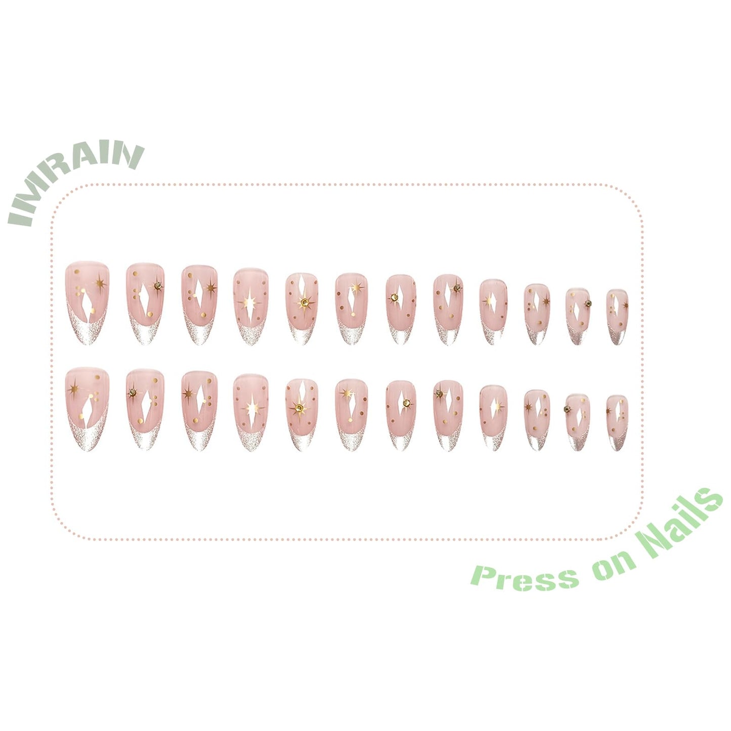 IMRAIN Almond Press on Nails Medium Fake Nails Green Cat's Eye French Tip False Nails with Golden Star Designs Glossy Full Cover Bling Stick on Nails for Women Girls 24Pcs