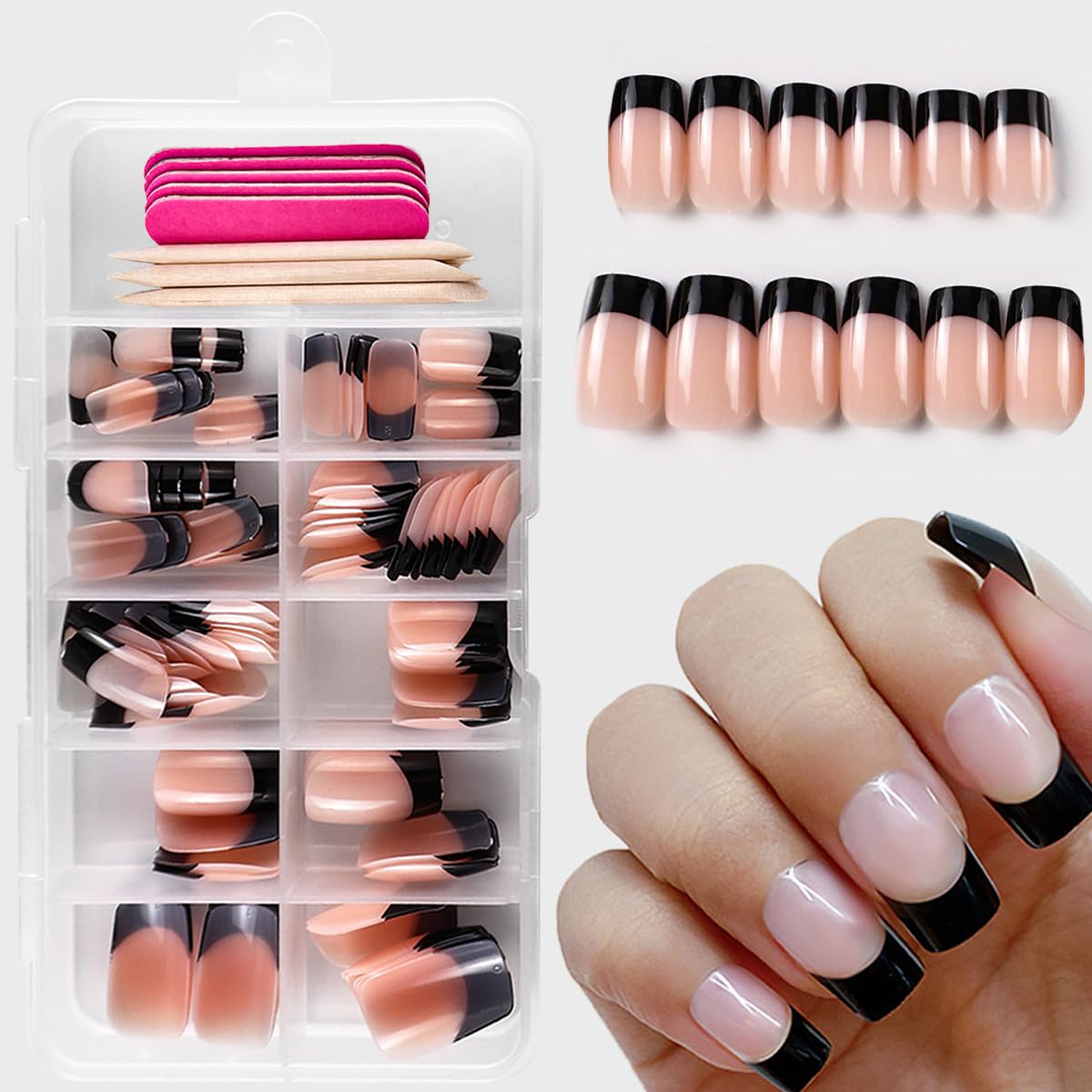 Black French Tip Press on Nails Medium Square Fake Nails 120 Pcs French Tips Gel Glossy Glue on Nail Full Cover Nude Artificial Acrylic Nail Medium Length False Nails for Women Girls