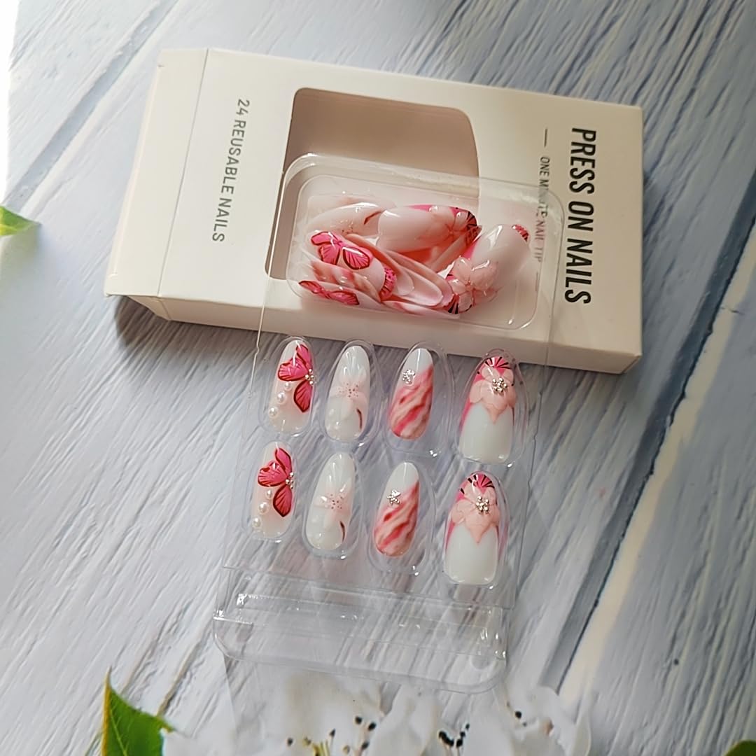 30Pcs Spring Flower Press on Nails Medium Almond Fake Nails Nude White False Nail Tip Kit 3D Floral Pearl Design Sparkly Glossy Glue on Nails Full Cover Acrylic Valentines Stick on Nail for Women