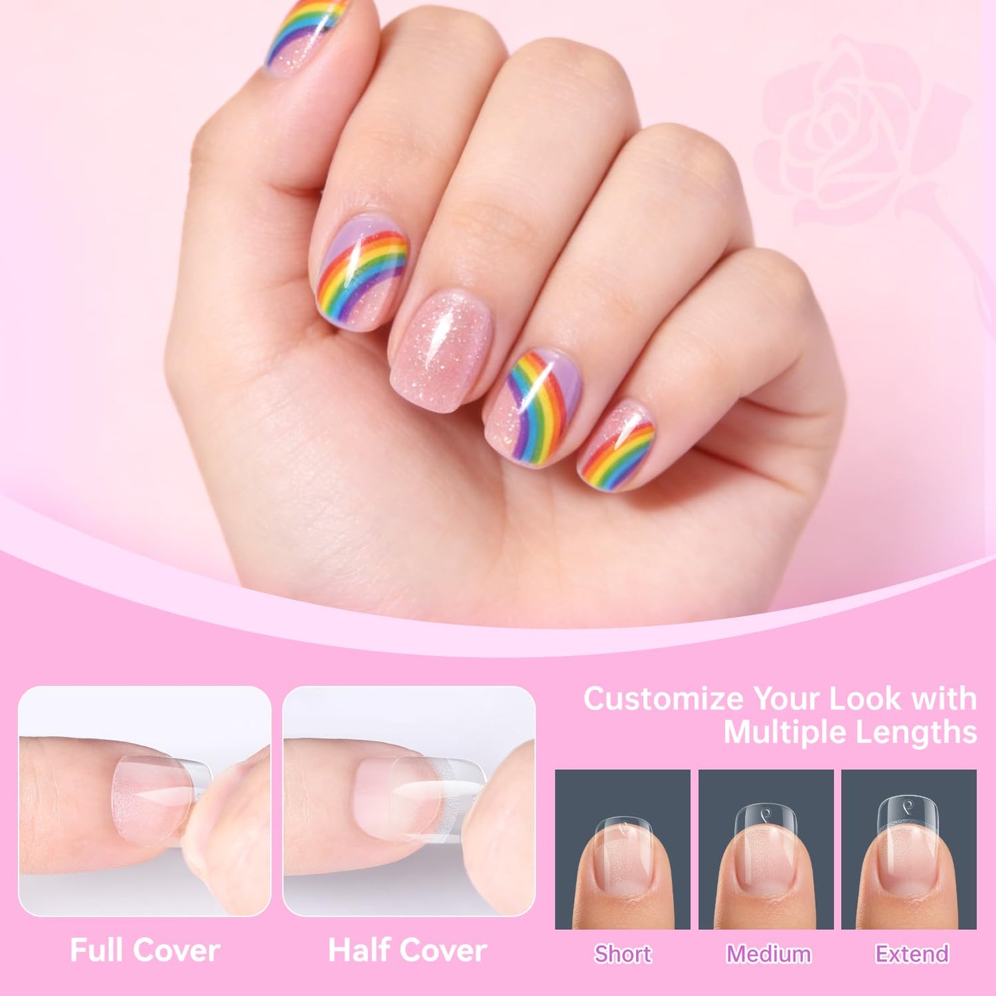 Ranrose Straight Nail Tips Bundle – 240PCS Long XXL Full Cover Soft Gel Nail Extensions (12 Sizes) + 360PCS Kids Square Oval Press On Nails for Girls 4–8, Half Matte DIY Manicure Set
