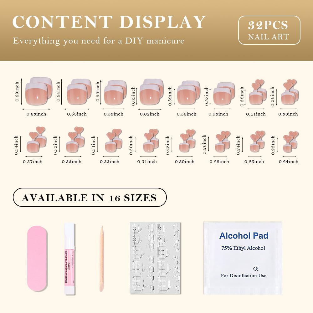 evpct French Press on Toenails Short Square, Summer Nude Brown + White Tip French Toe Nails Press ons Short Light Perfectly Fit Fake Toenails for Women with Kits Gel Stick, Fake Toenail Kit 32Pcs